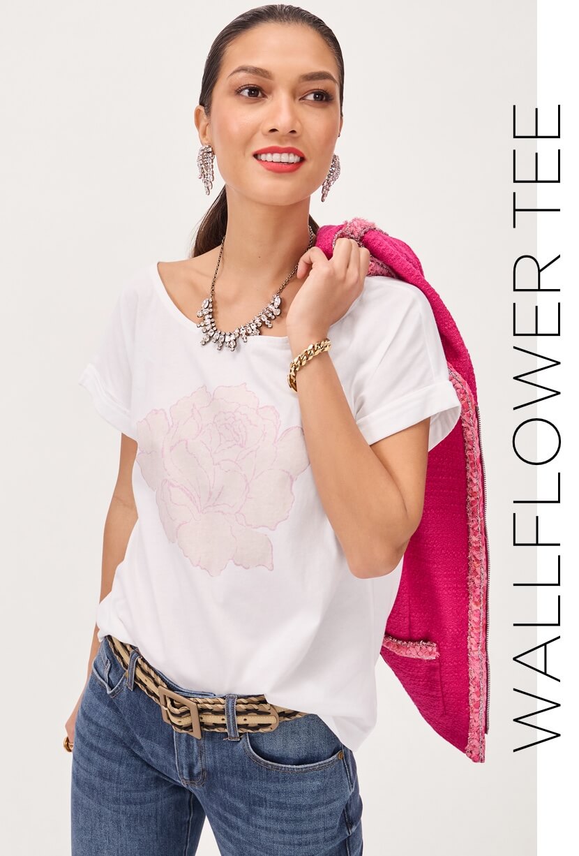 Model wearing the Wallflower Tee in White, Tread Belt in Tan, Ballroom Jacket in Fuschia, and the Harlow Jean in Original Wash.