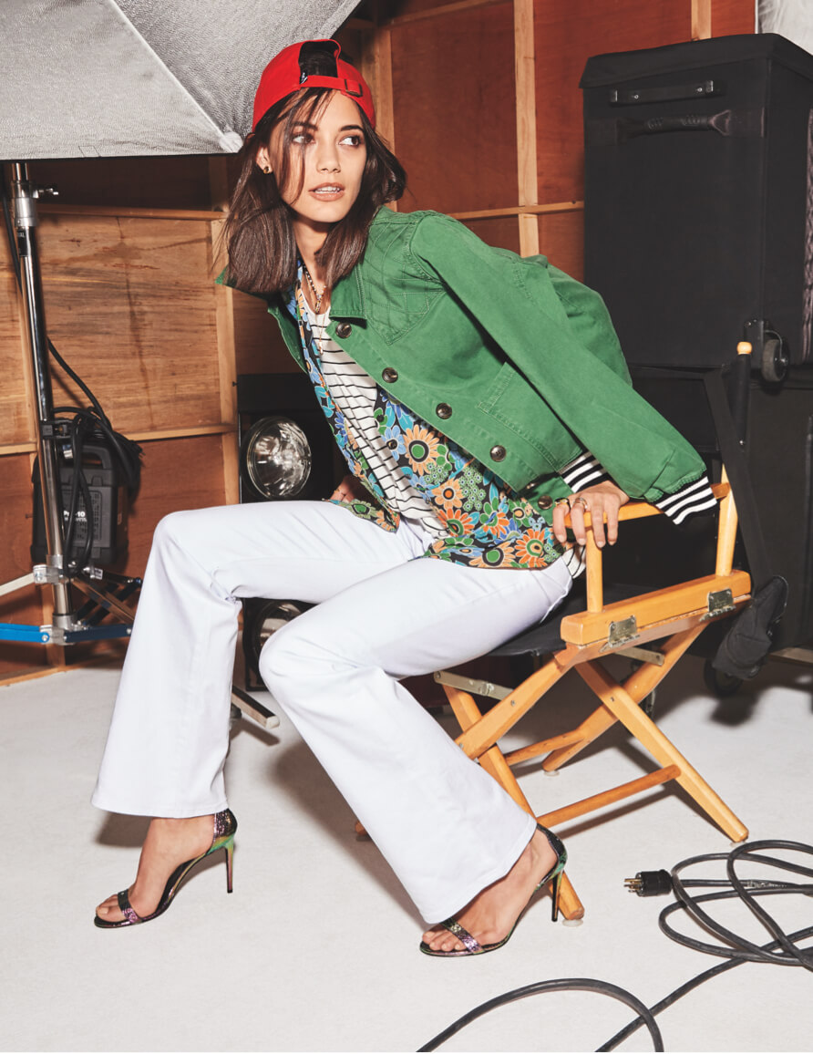 Model wearing the Mod Bomber Jacket in Grass, ATC BBQ Tank in Piano Stripe, Trouser Jean in Brite White