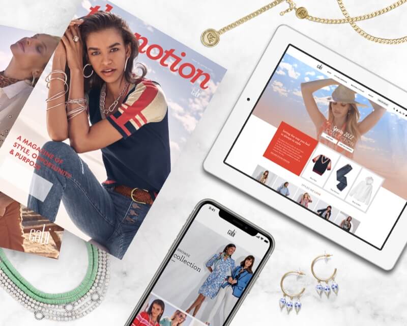 cabi The Notion magazine, cabi website on tablet, and the cabi Tap mobile app on a white background