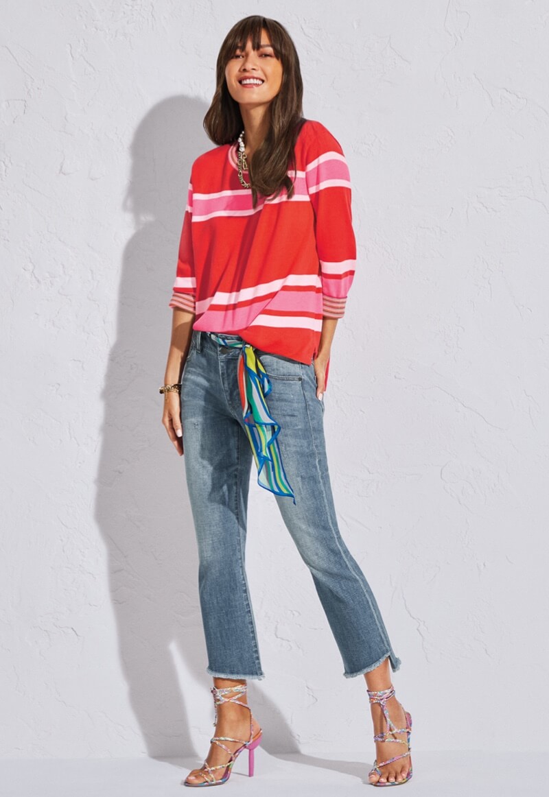 Model Wearing Cadet Pullover in Sweetheart Stripe, High-Low Crop in Skip Wash, Wisdom Necklace in Gold, Baseline Scarf in Circus Stripe