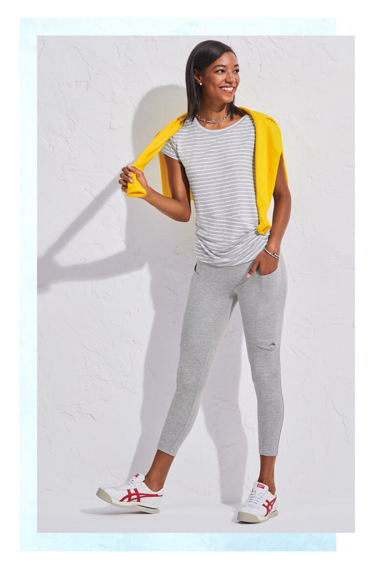 Model Wearing Buttercup Pullover in Neon Yellow, Meetup Tee in Gray Stripe, Runway Legging in Heather Gray