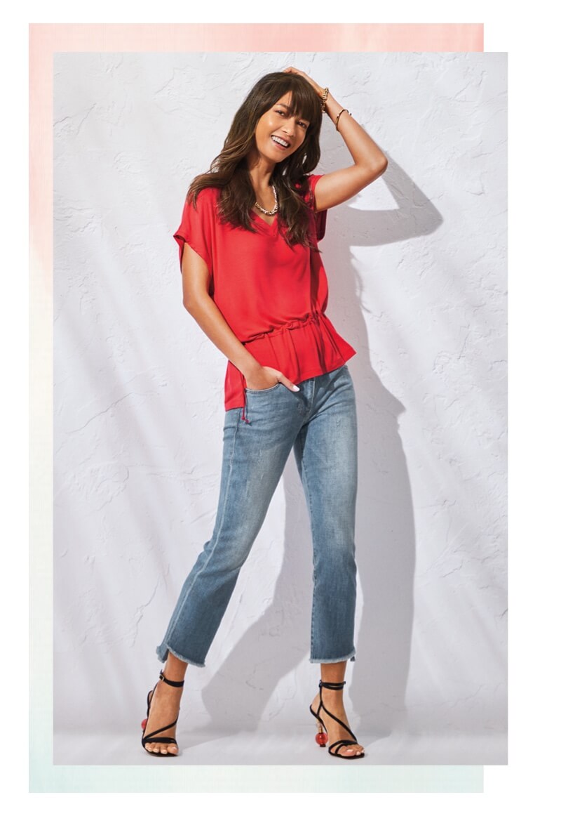 Model Wearing Formal Tee in Cherry, High-Low Crop in Skip Wash, Wisdom Necklace in Gold