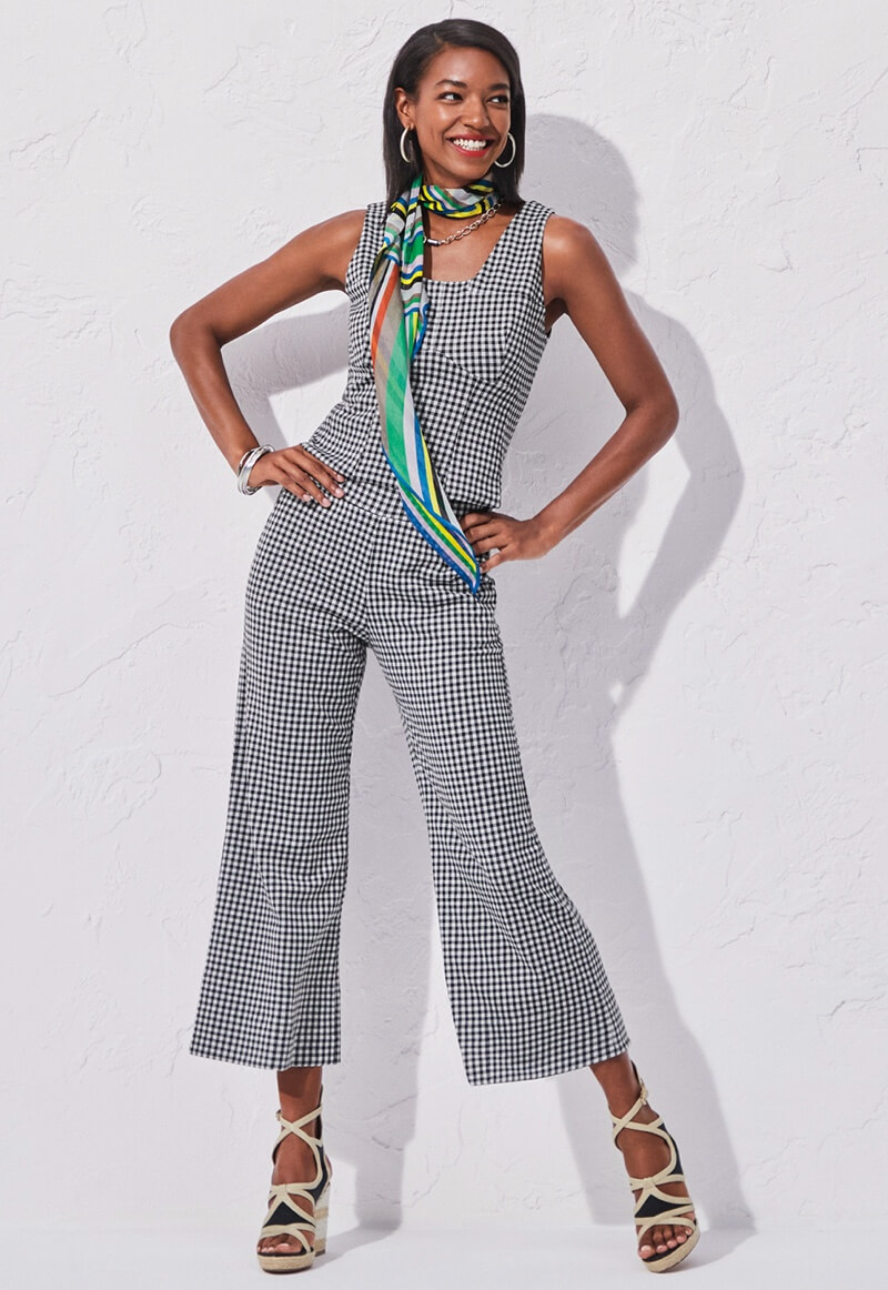 Model Wearing Bombshell Tank in Gingham, Bombshell Crop in Gingham, Baseline Scarf in Circus Stripe, Swagger Necklace in Silver, Swagger Hoop Earrings in Silver