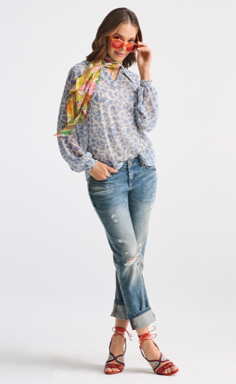 Model Wearing Romance Scarf in Floating Flowers, Pounce Blouse in Spot On,  V-Neck Cami in Sand, Malibu Jean in Beach Club Wash, Lagoon Necklace in Gold