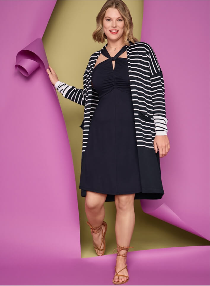 Model Wearing Boathouse Cardigan in Classic Navy and White Stripe, Strap Tee Dress in Classic Navy, Lagoon Necklace in Gold.