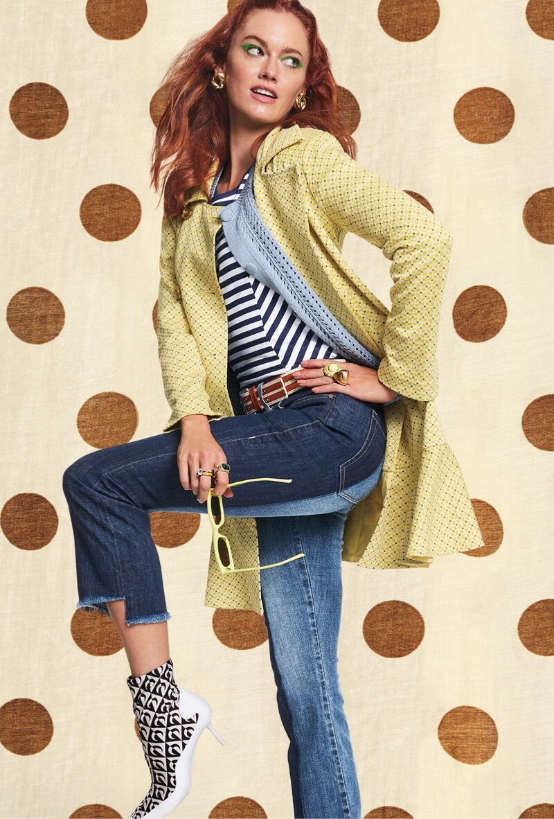 Model wearing  Hobnob Topper in Daffodil, Doris Cardigan in Cornflower, Illusion Shirt in Classic Navy and White Spripe, High-Low Crop in Blue Ribbon