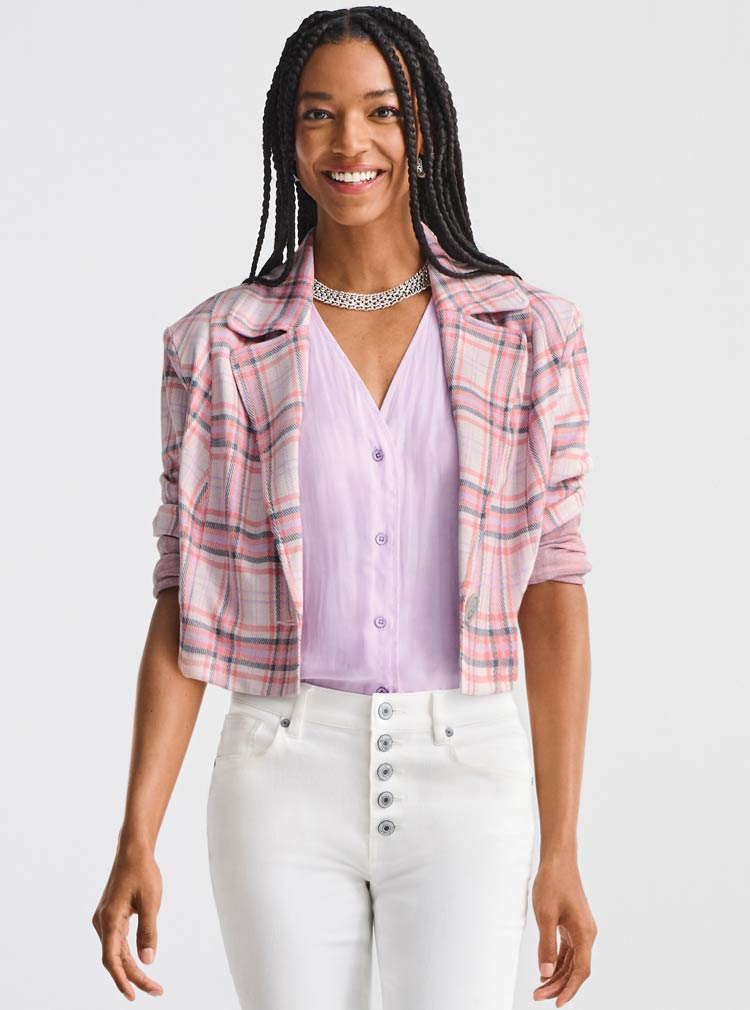  Model Wearing Playdate Jacket in Plaid Cheer, Bouquet Top in Lilac, Button Fly Straight in White, Collar Necklace in Silver, Collar Hoop Earrings in Silver