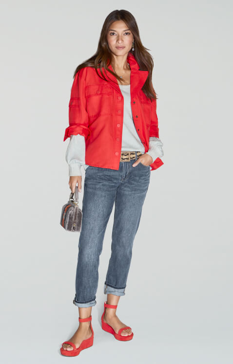 Harlow Jean in Original Wash, Detour Jacket in Ruby, and the Wind Down Top in Chambray.