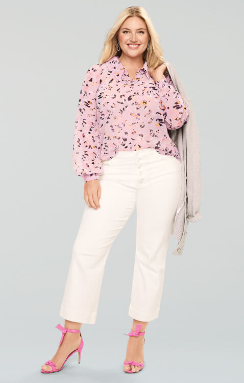 Palm Beach Crop in White, Pounce Top in Pink Panther, and the Cozy Cardigan in Dove.
