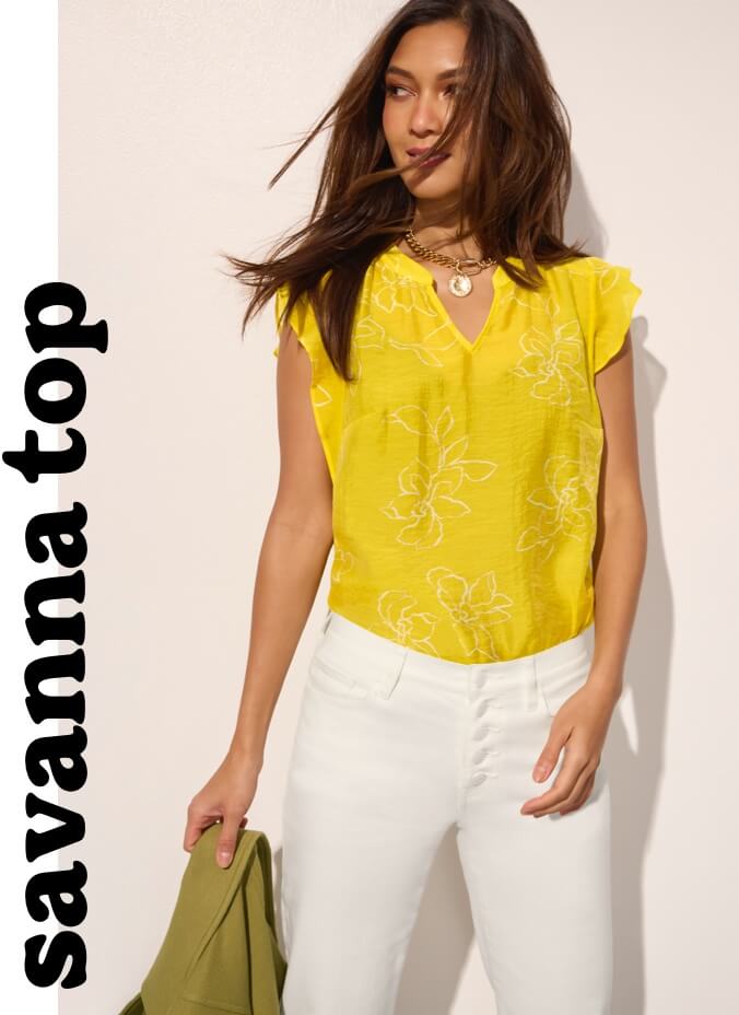Model wearing the Savanna Top in Citron, Palm Beach Crop in White, and the Misty Necklace in Gold.