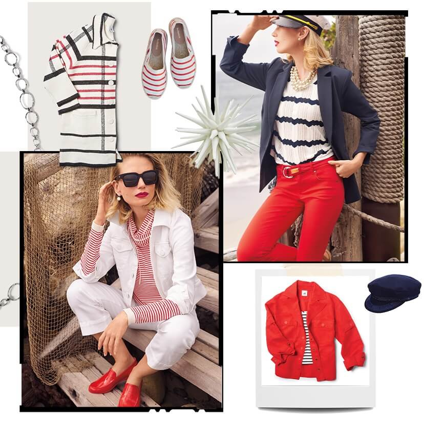Models wearing Everyday Jacket in White, Ringmaster Pullover in Red and White Stripe, and the Palm Beach Crop in White. Second model wearing Keynote Jacket in Classic Navy, Nautical Sweater Tee in Classic Navy and White, Kick Back Kick Flare in Ruby.
